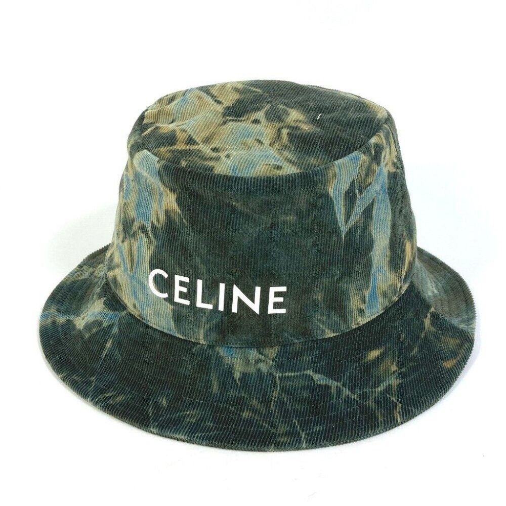 CELINE Corduroy tie-dye logo hat Bucket hat cotton Green - Picture 6 of 8